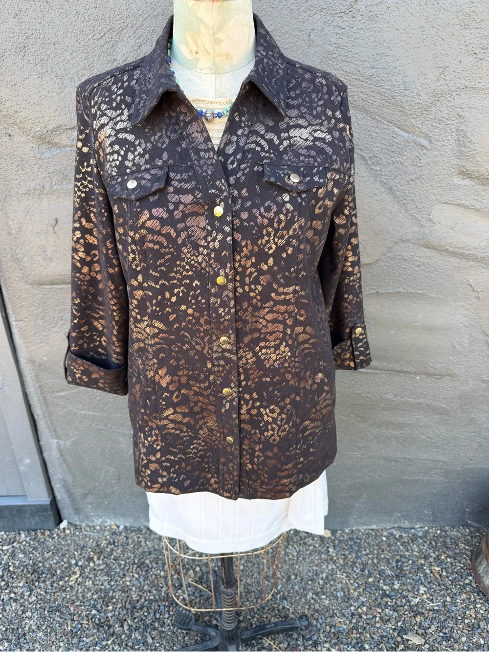 JM Collection Metallic Brown & Black Patterned Button-Front Jacket